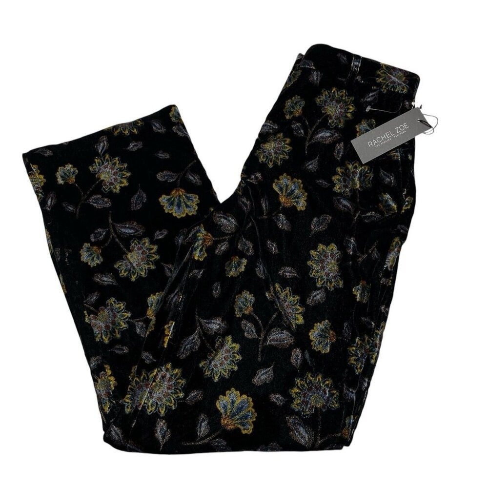 Rachel Zoe Pants Womens 6 Black‎ Dark Floral Velvet Pull On Elastic Waist Event